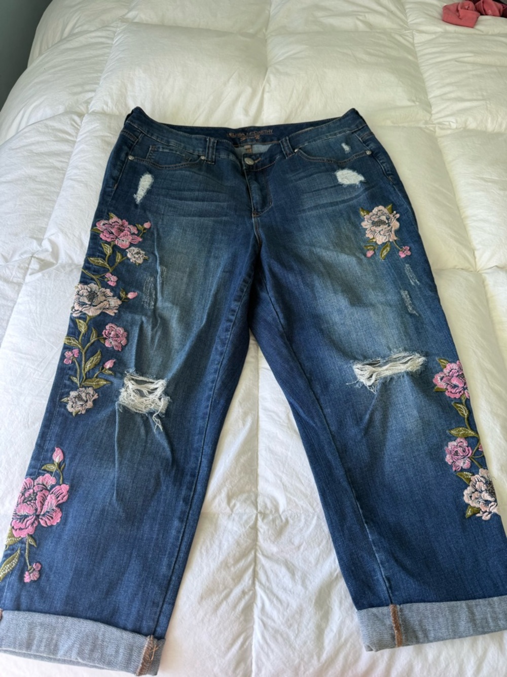 Melissa McCarthy Seven7 Cropped Jeans with Pink Floral Embroidery 16W